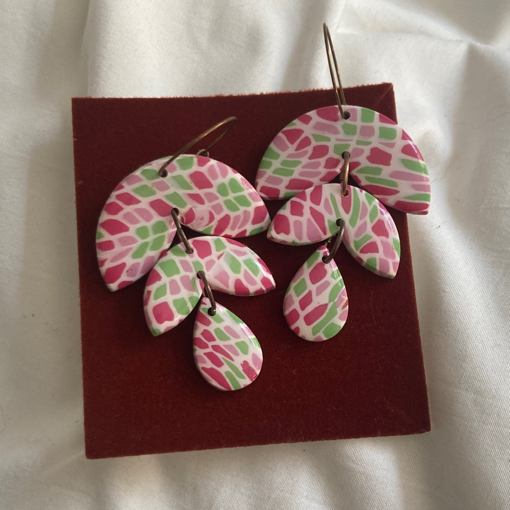 Unbranded Earrings Women OS Pink Green Leaf Pattern Mosaic Drop‎ Dangle Boho